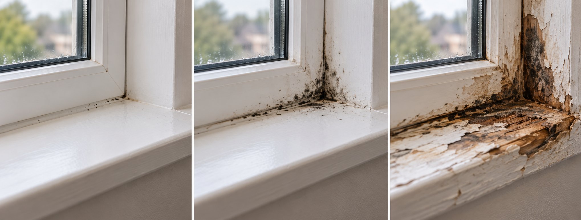three levels of window mould severity from mild surface spots to deep structural damage
