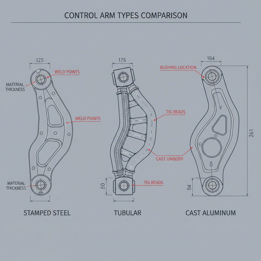 diagram comparing stamped steel tubular and cast aluminum control arm designs
