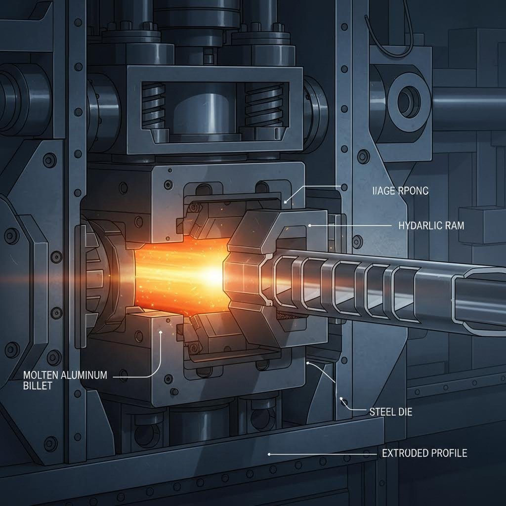 aluminum billet passing through precision die during extrusion process