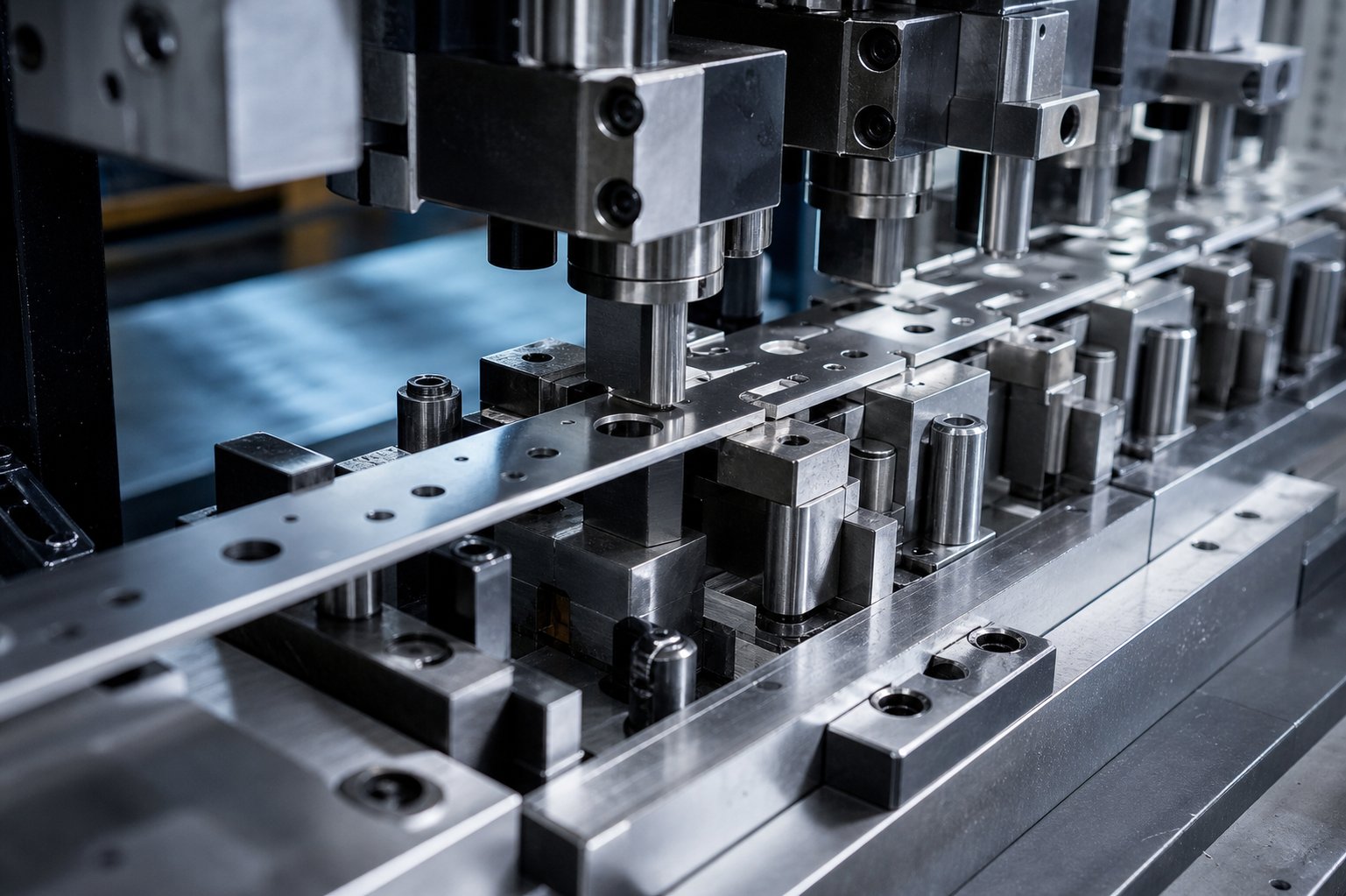 info-1-1 a progressive stamping die with multiple stations processing a continuous metal strip inside a high tonnage press