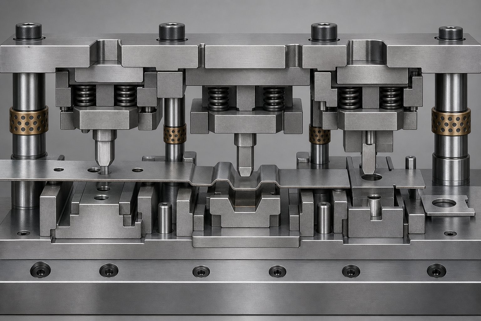 info-1-1 cross section view of a progressive die showing sequential stations performing piercing forming and blanking operations on a metal strip