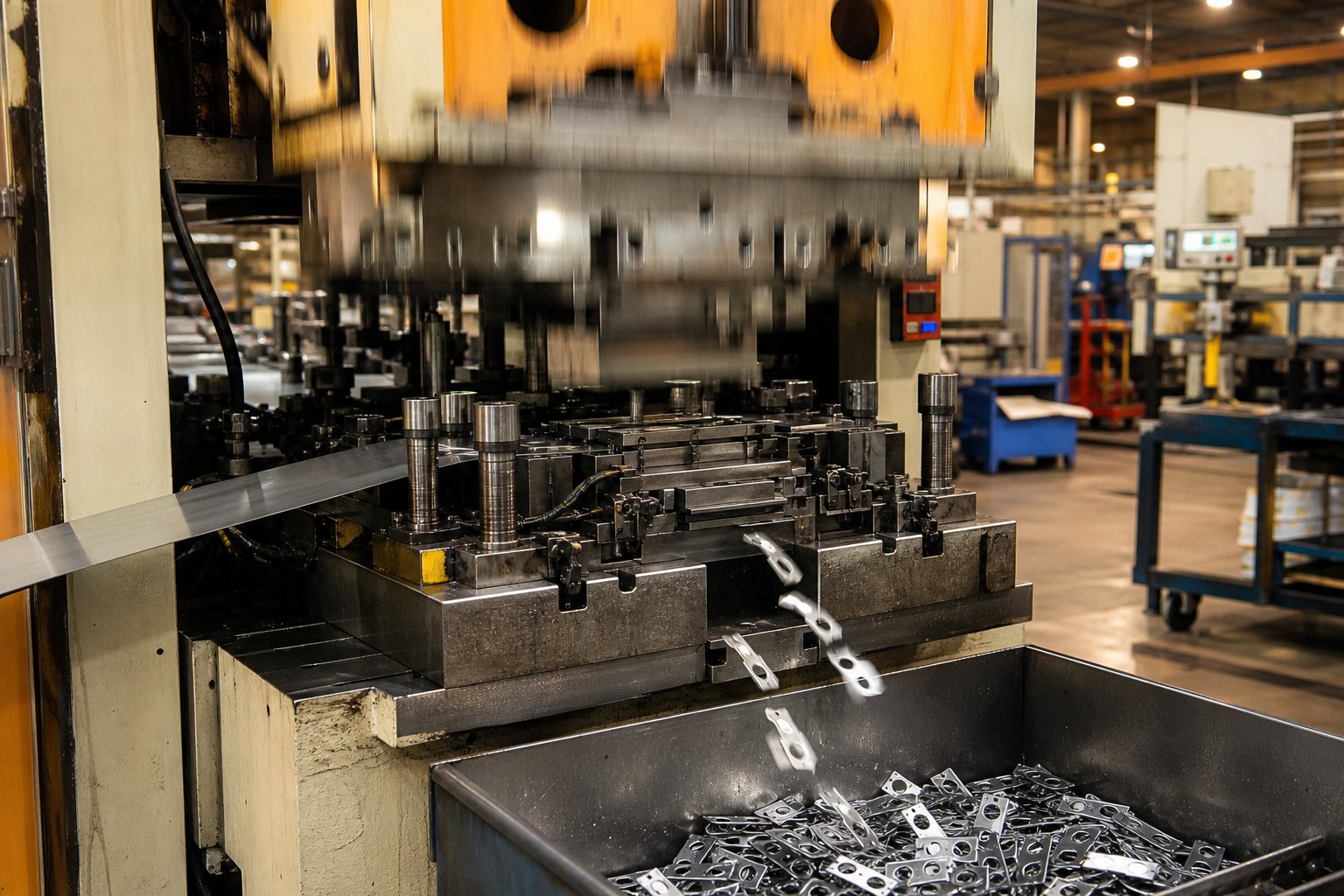 info-1-1 high speed progressive stamping press producing metal parts at volume with finished components collecting below the die