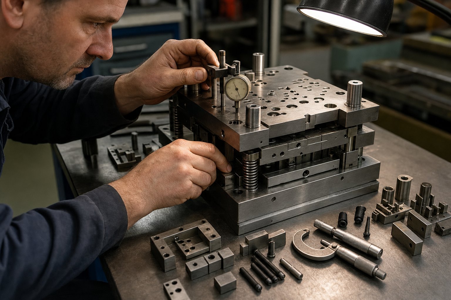 info-1-1 precision assembly of a progressive stamping die in a professional toolroom during the die construction phase
