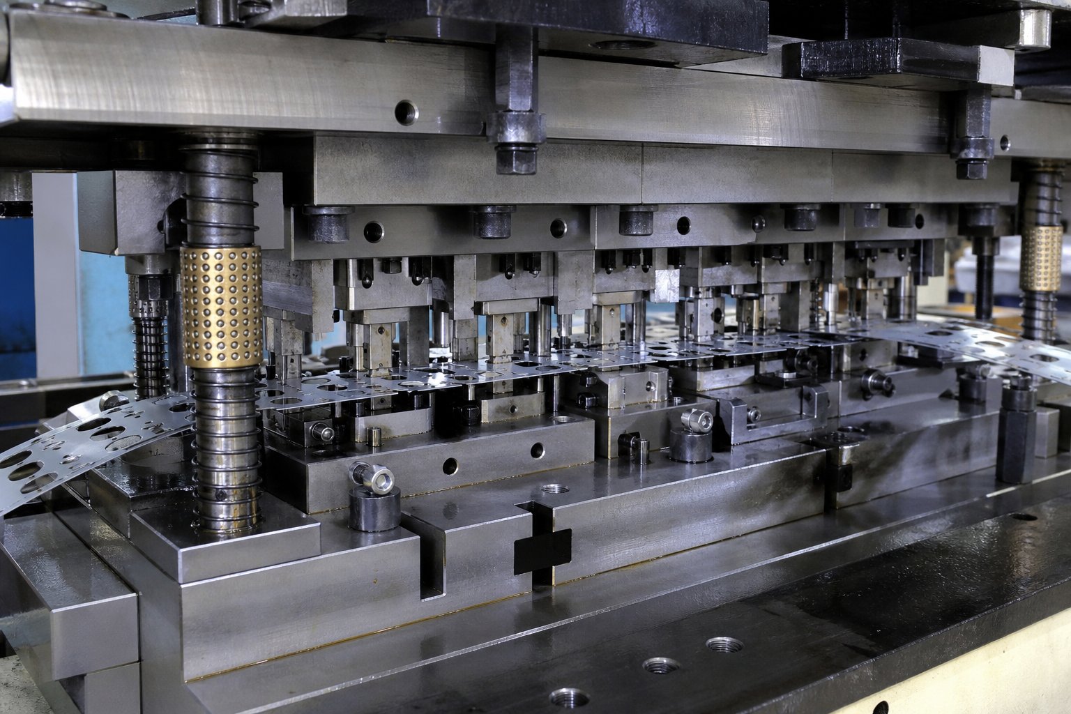 info-1-1 a progressive stamping die with multiple sequential stations transforms flat metal strip into finished parts with each press stroke