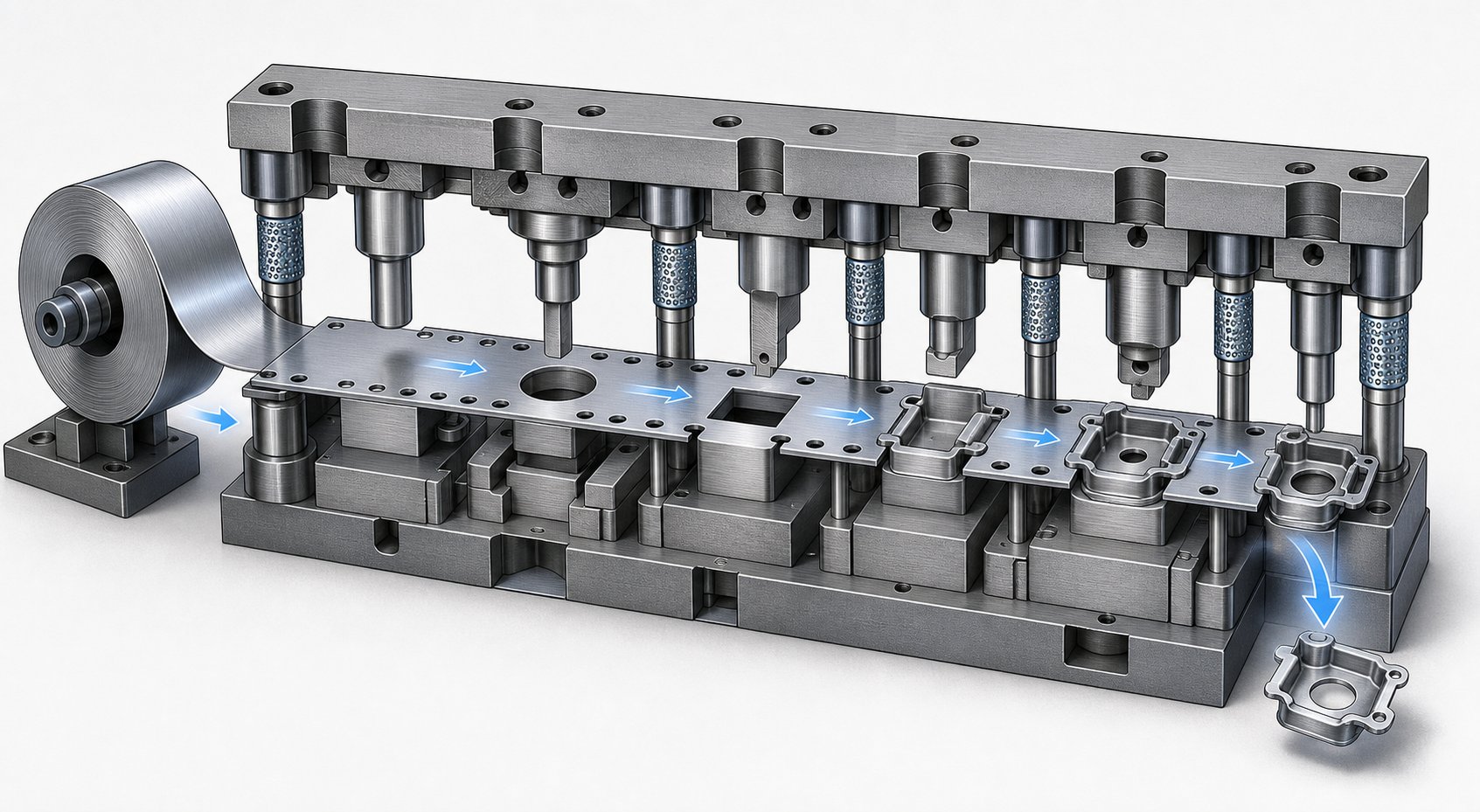 info-1-1 metal strip advances through progressive die stations from coil feed to finished part separation at the cutoff station