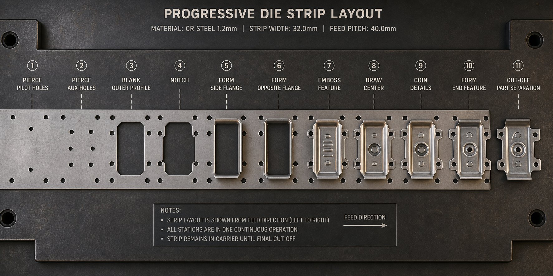 info-1-1 strip layout showing progressive stages of piercing forming and bending operations from first station to final cutoff