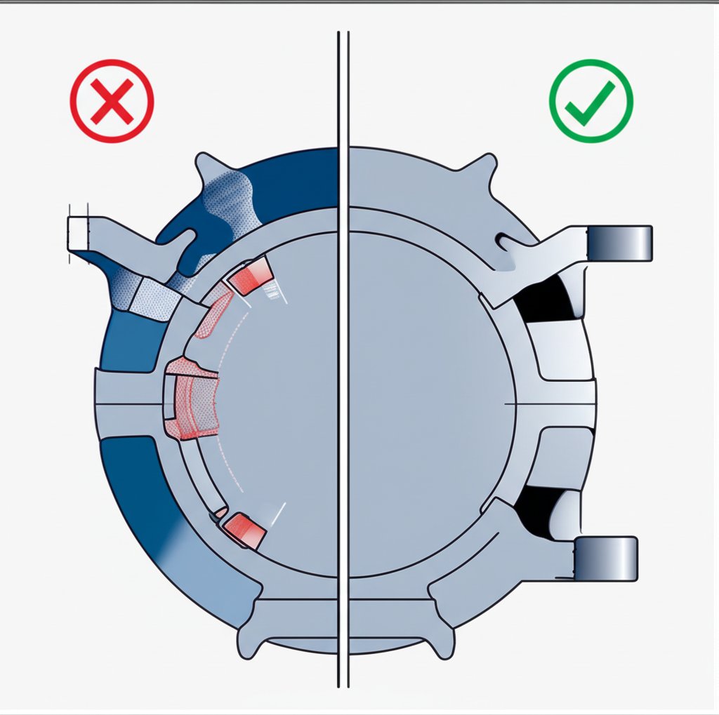 diagram comparing incorrect and correct application of dfm principles like wall thickness and draft