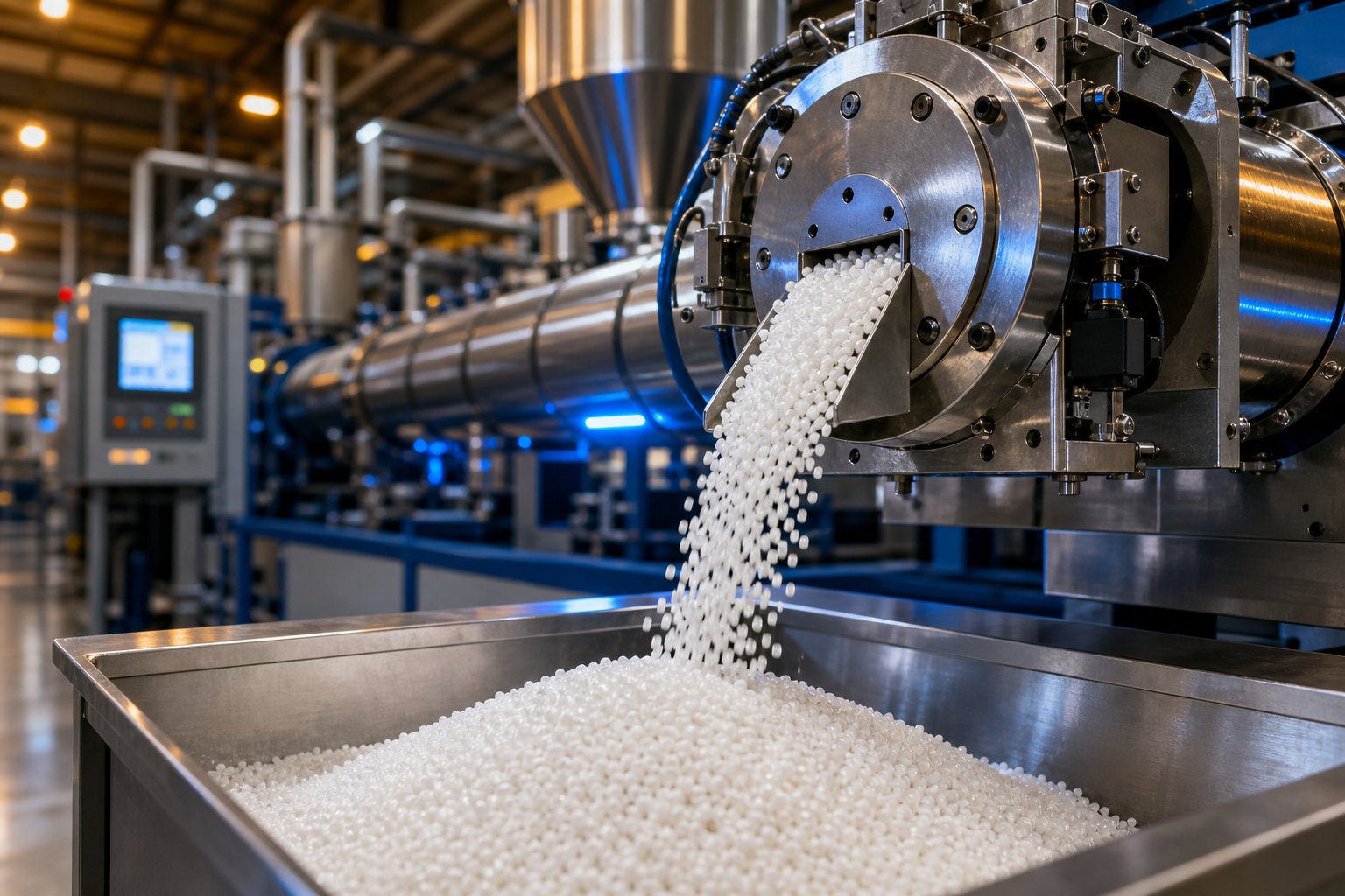 plastic granulation line producing uniform polymer pellets from extruded melt for downstream manufacturing applications