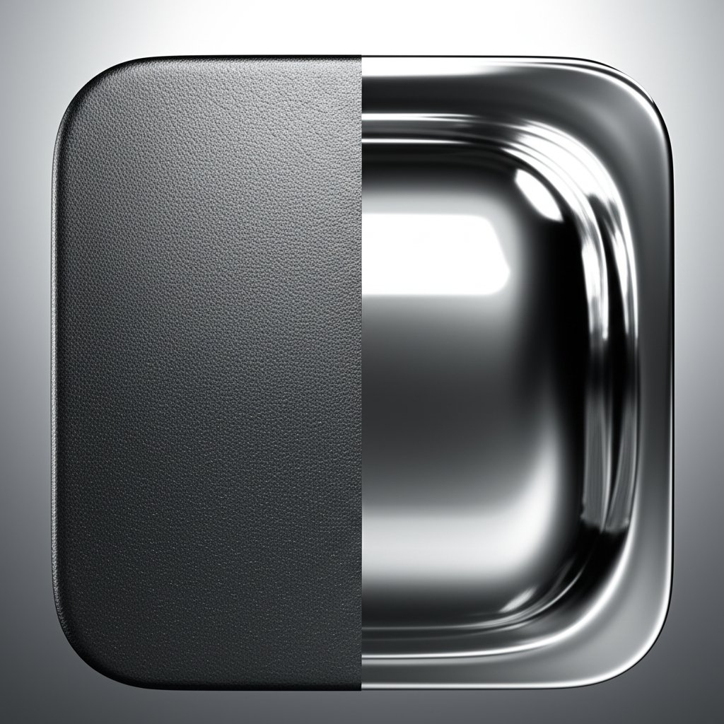 a metallic part split between a functional rough finish and a polished aesthetic finish