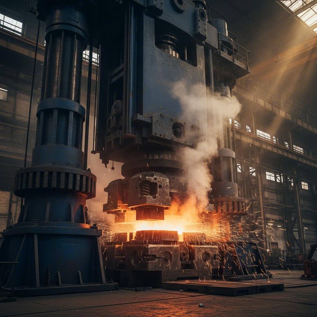 closed die forging press shaping heated metal into precision suspension component geometry