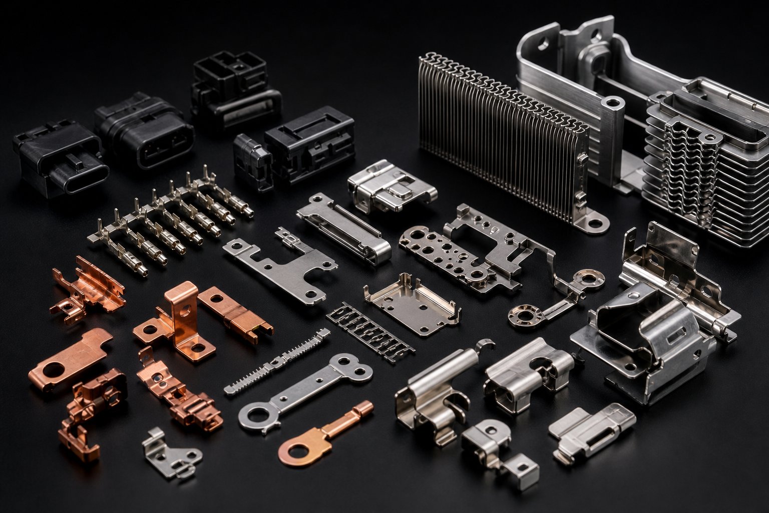 precision progressive stamped components serving automotive medical electronics and hvac industries with distinct tolerance and finish requirements