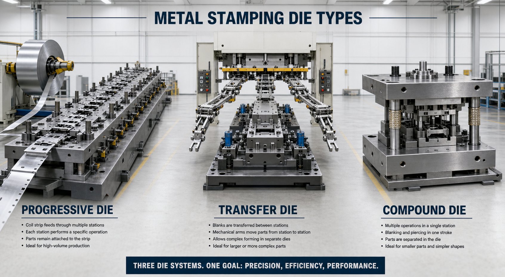 visual comparison of progressive transfer and compound die configurations showing their distinct material handling approaches