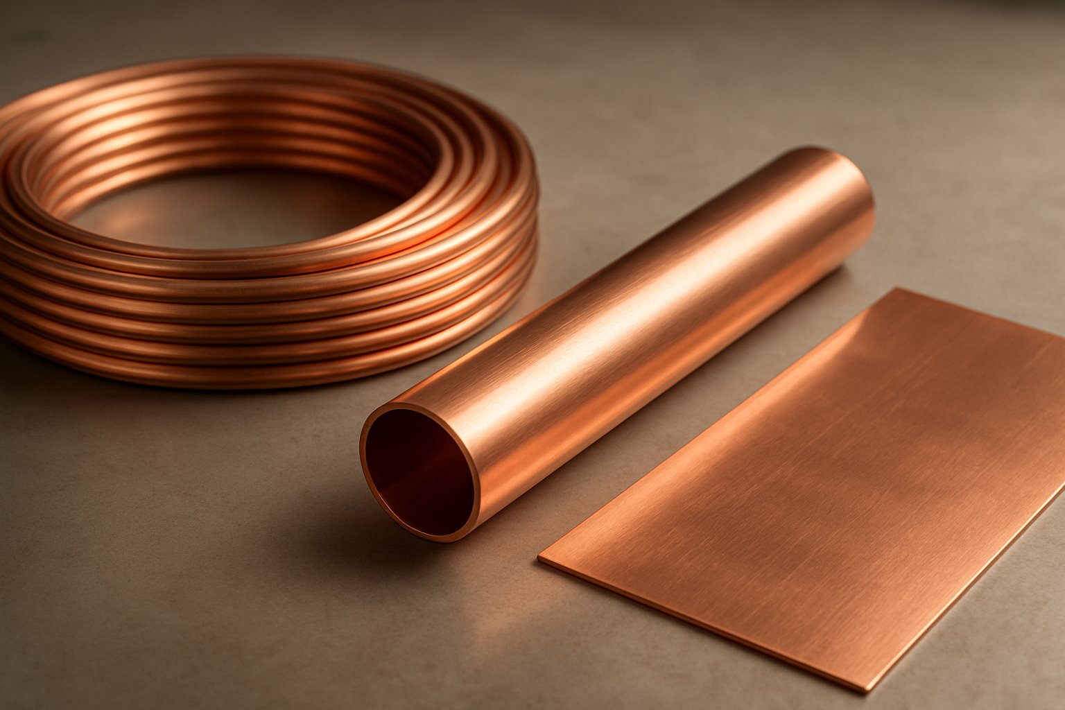 copper metal shown in common industrial forms