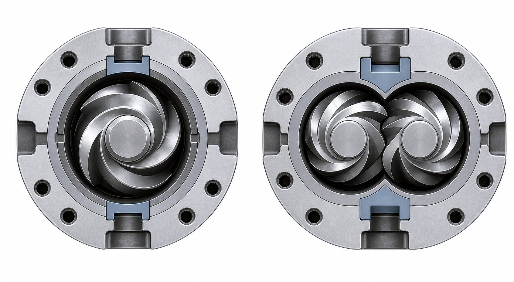cross section comparison of single screw and twin screw extruder barrel configurations showing screw arrangement differences