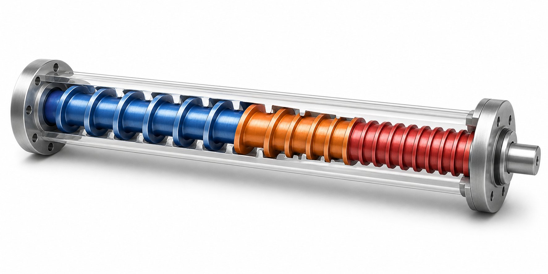 cutaway view of an extrusion screw showing the feed transition and metering zones with varying channel depths
