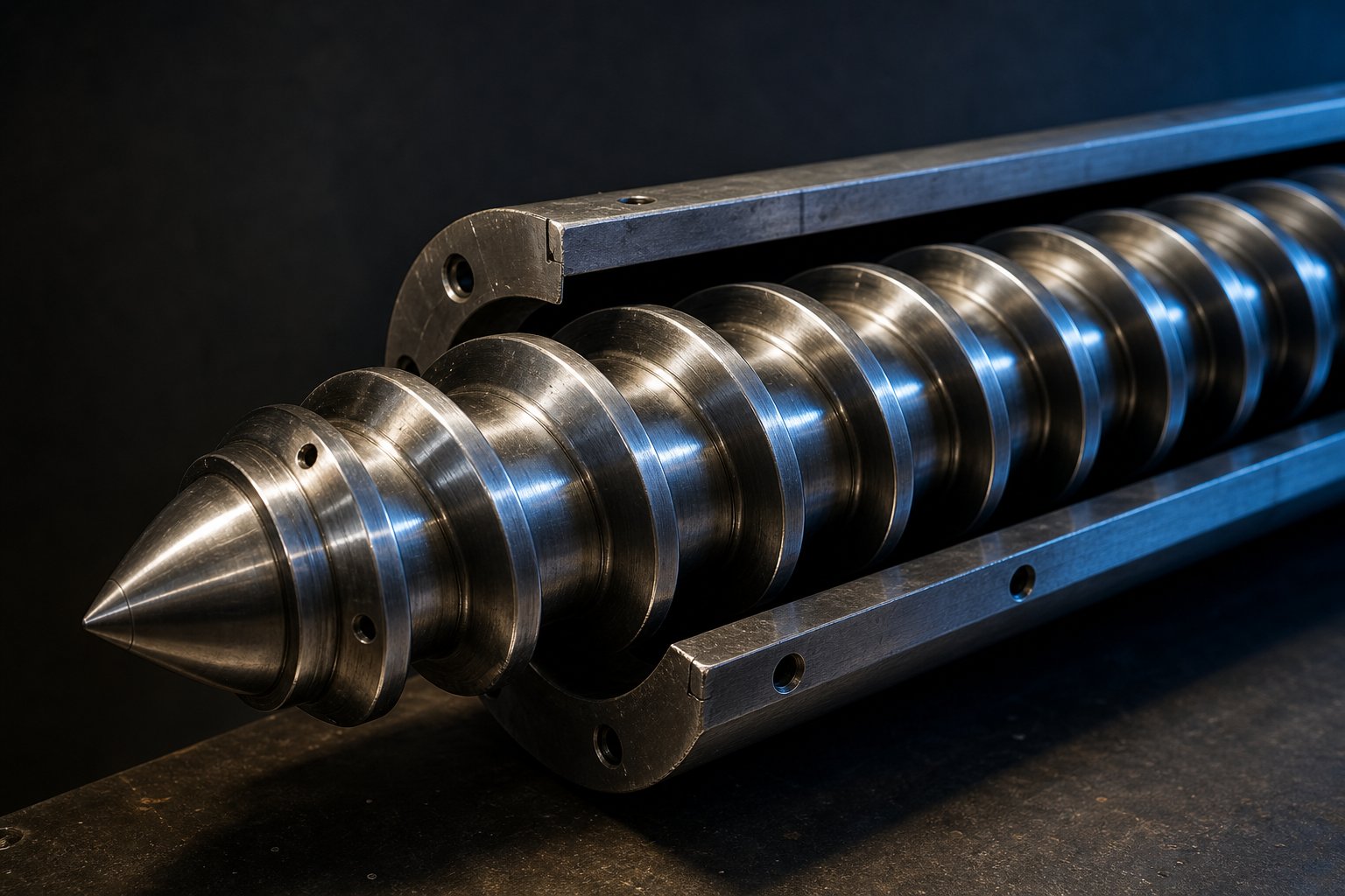precision machined extrusion screw with helical flights designed to convey compress and melt polymer material inside a heated barrel