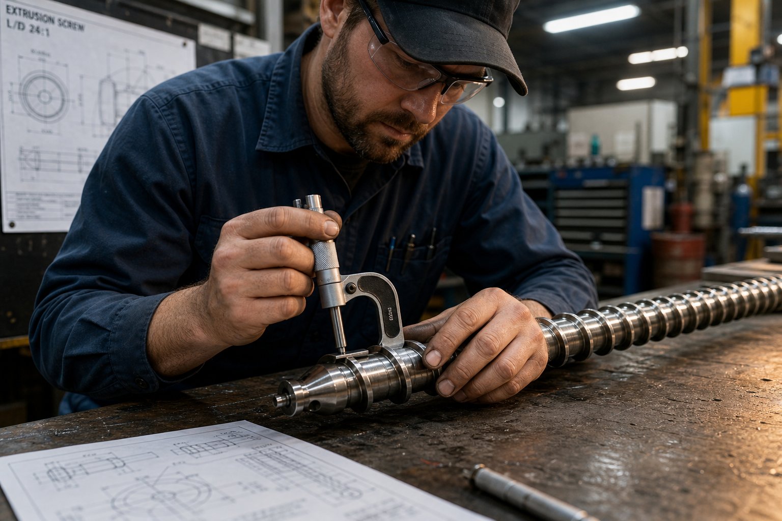 technician measuring extrusion screw flight diameter to evaluate wear and determine replacement specifications
