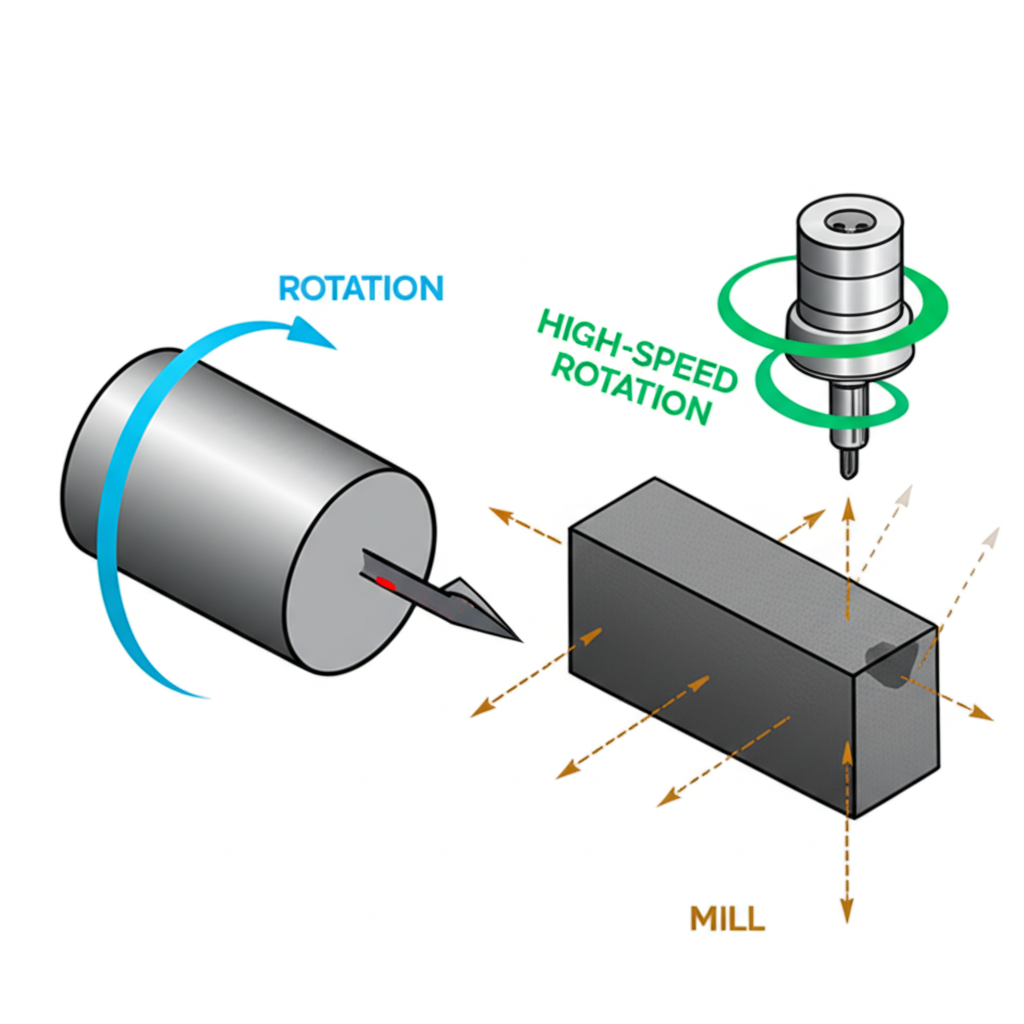 diagram illustrating the distinct movements of cnc turning on a lathe versus cnc milling