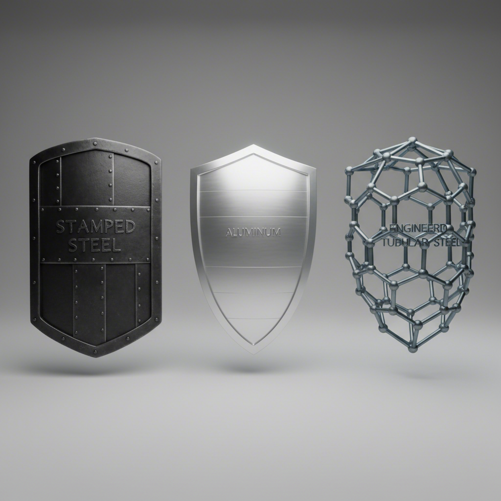 metaphorical shields representing the properties of steel aluminum and tubular control arms