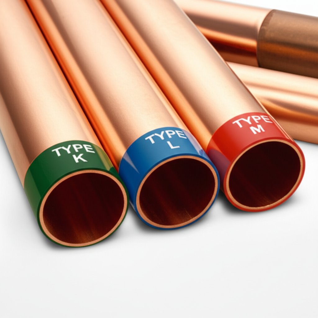 comparison of type k l m and dwv copper pipes with color coded markings