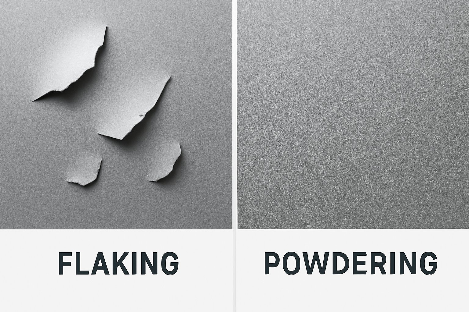 Visual comparison of coating failure modes Flaking vs Powdering