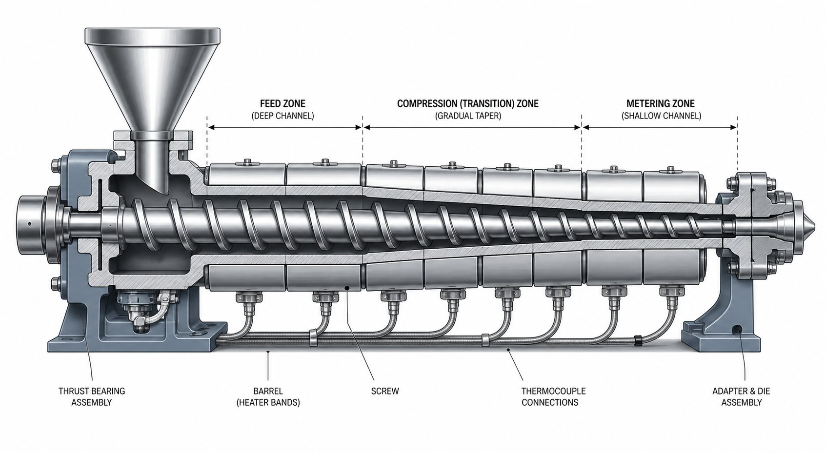 cross section view of an extruder screw inside its barrel highlighting the three functional processing zones