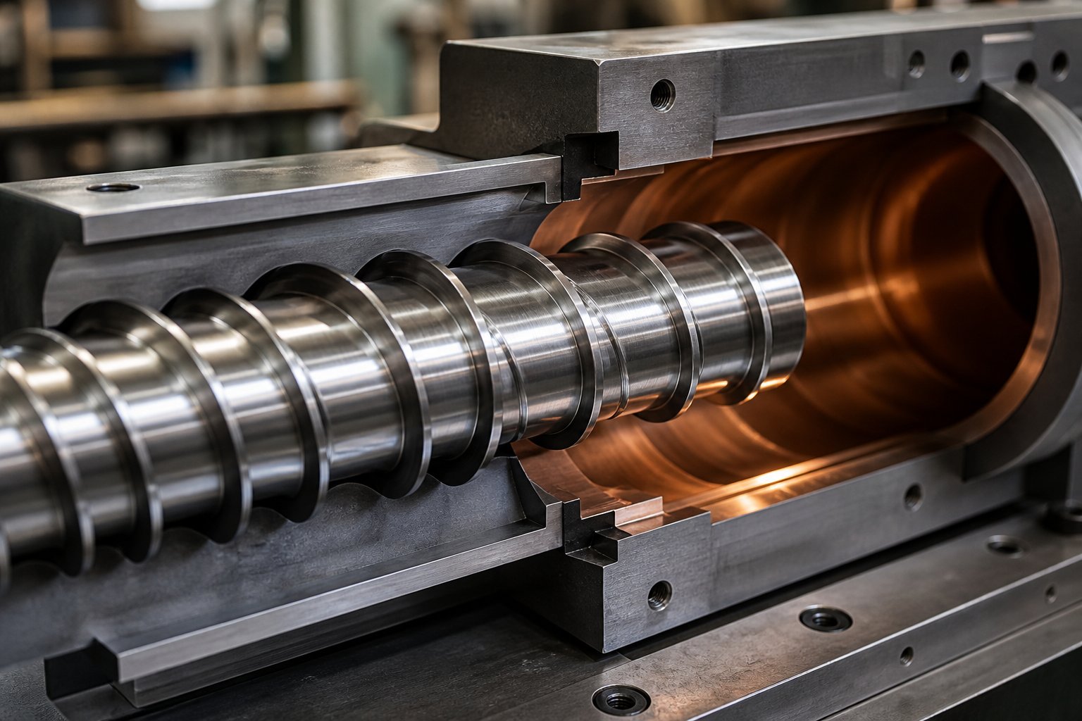 extruder screw and barrel assembly showing precision machined helical flights and cylindrical barrel housing