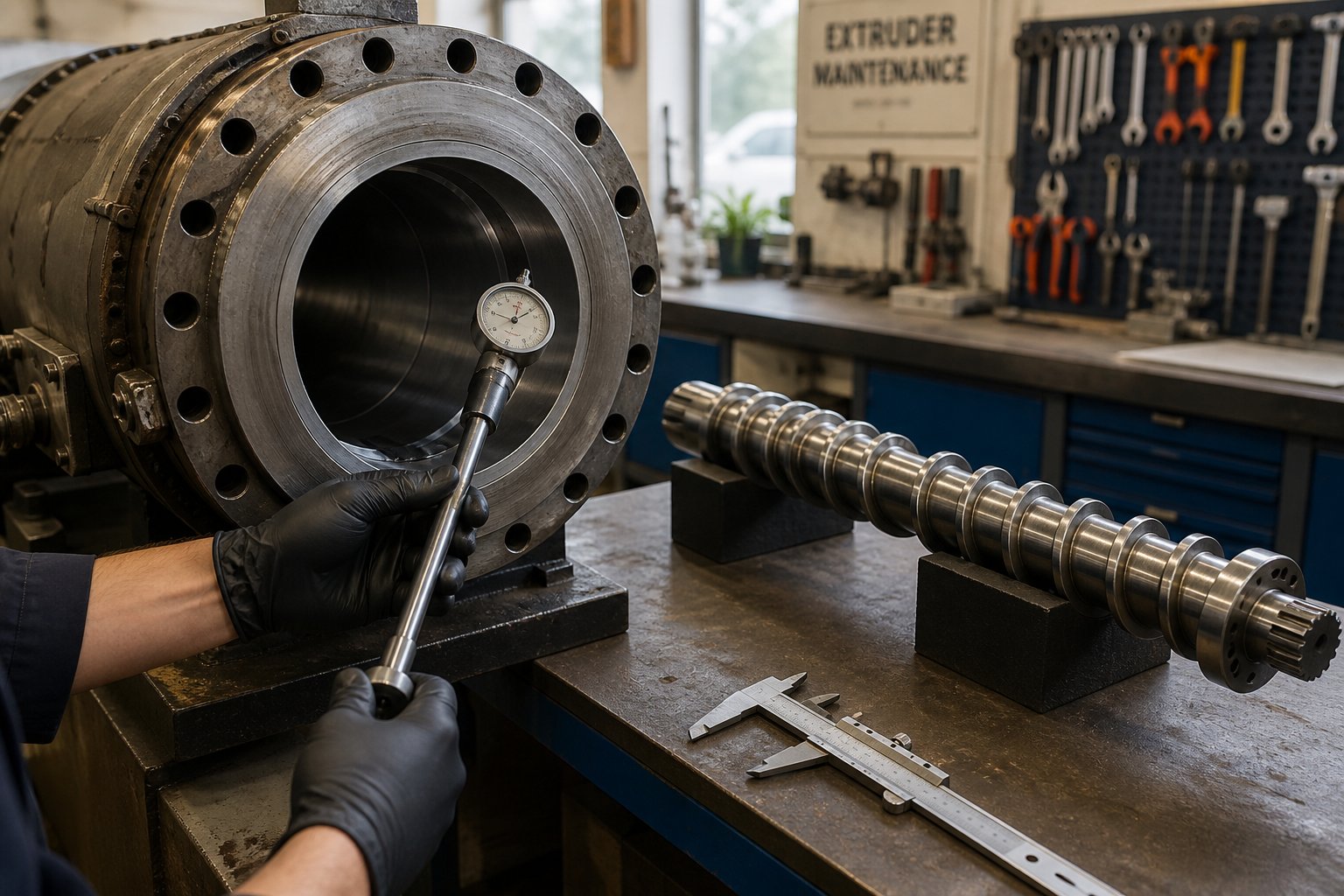 precision bore gauging and screw measurement during a scheduled extruder maintenance inspection