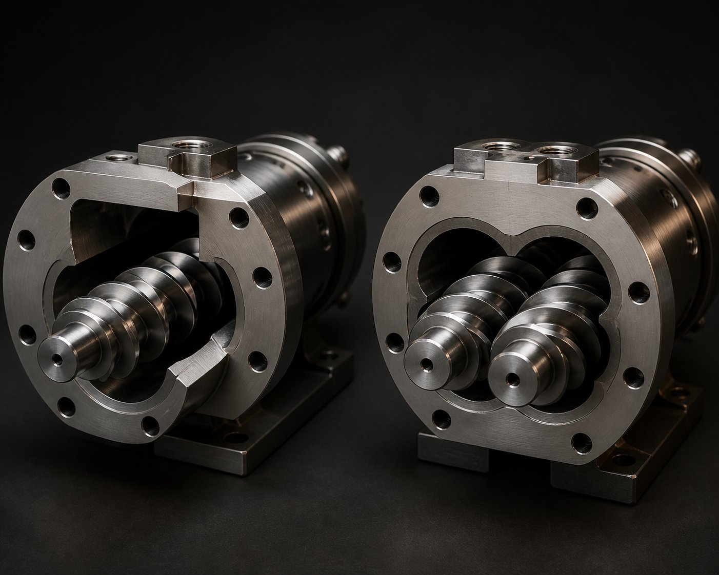 single screw and twin screw extruder barrel configurations showing their distinct internal screw arrangements