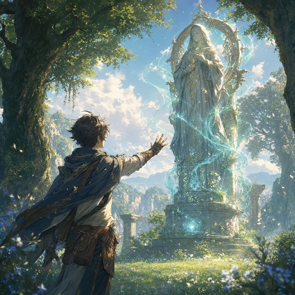 approaching a statue of the seven for free party healing and revival in the overworld