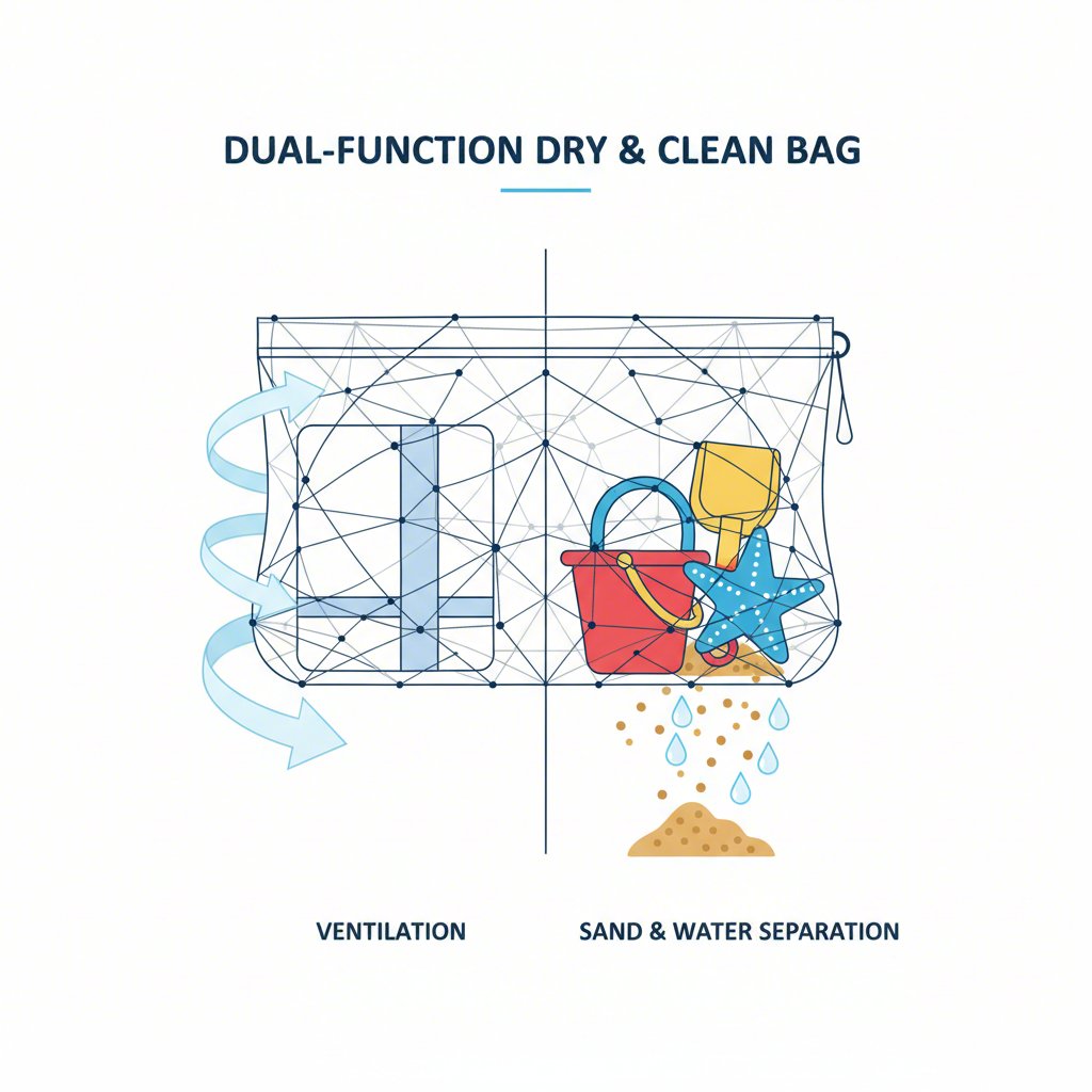 diagram showing the breathability and drainage benefits of a mesh bag