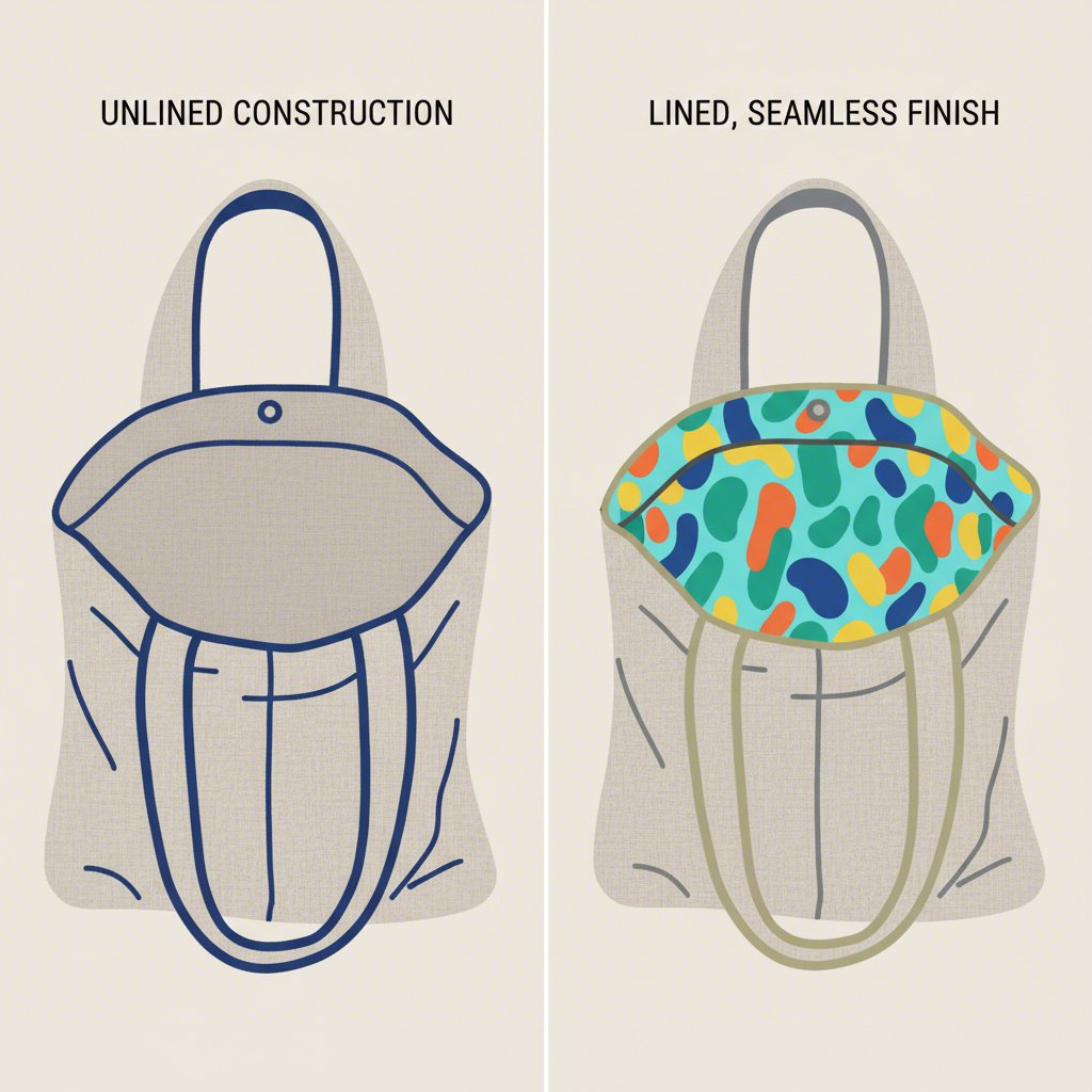 a visual comparison of the interior of a lined versus an unlined drawstring bag