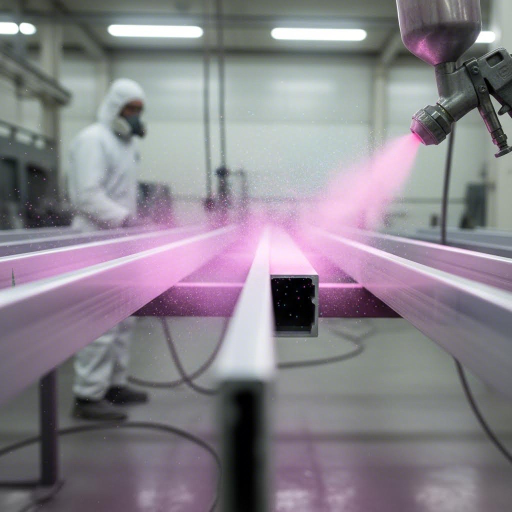 electrostatic powder coating application on aluminum extrusion profiles