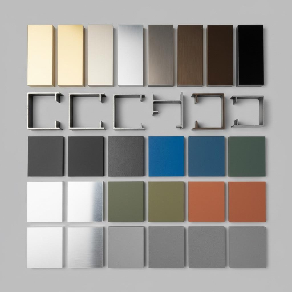 aluminum profiles with various anodized and powder coated finishes