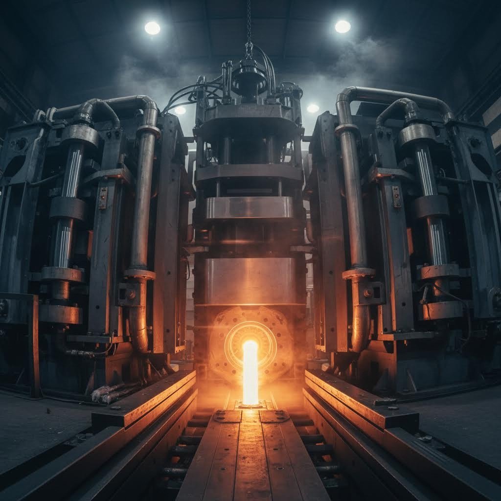 industrial aluminum extrusion press forcing heated metal through precision dies