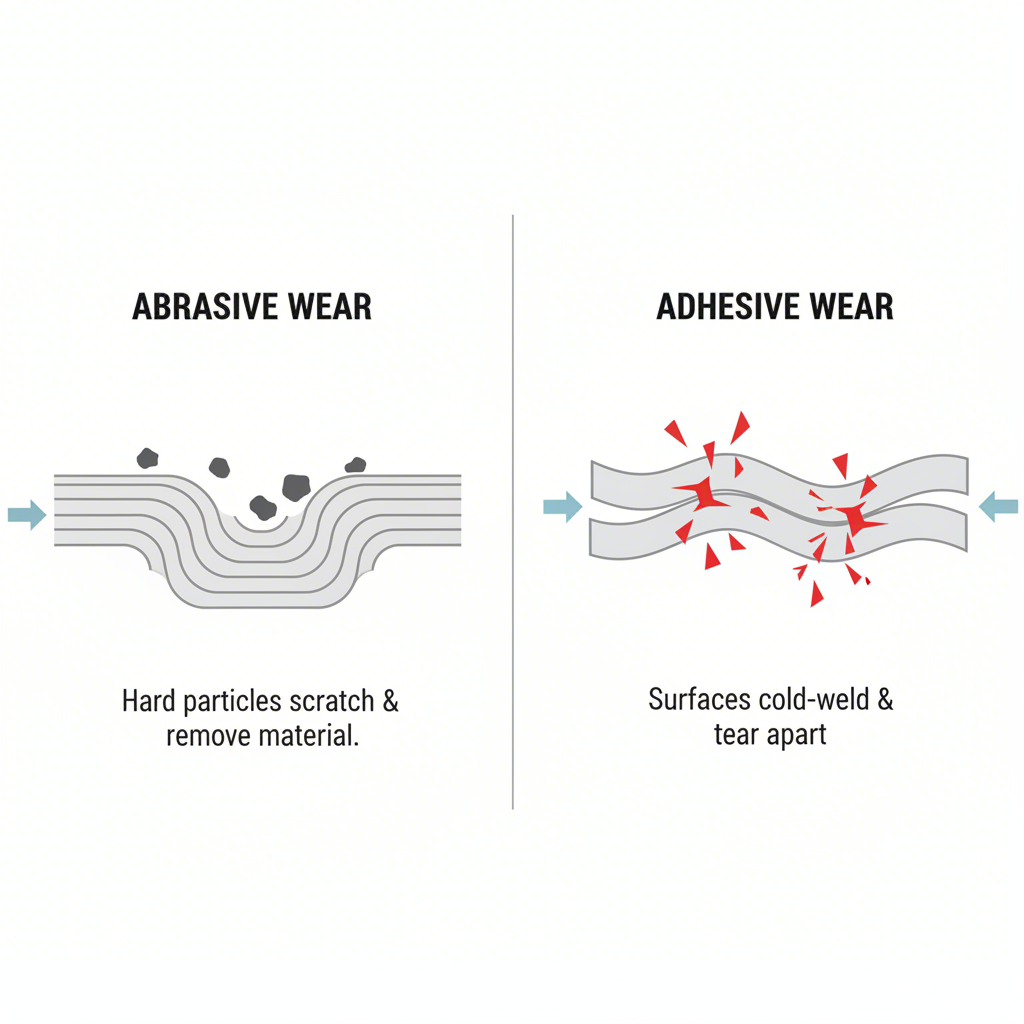 diagram comparing abrasive and adhesive die wear mechanisms