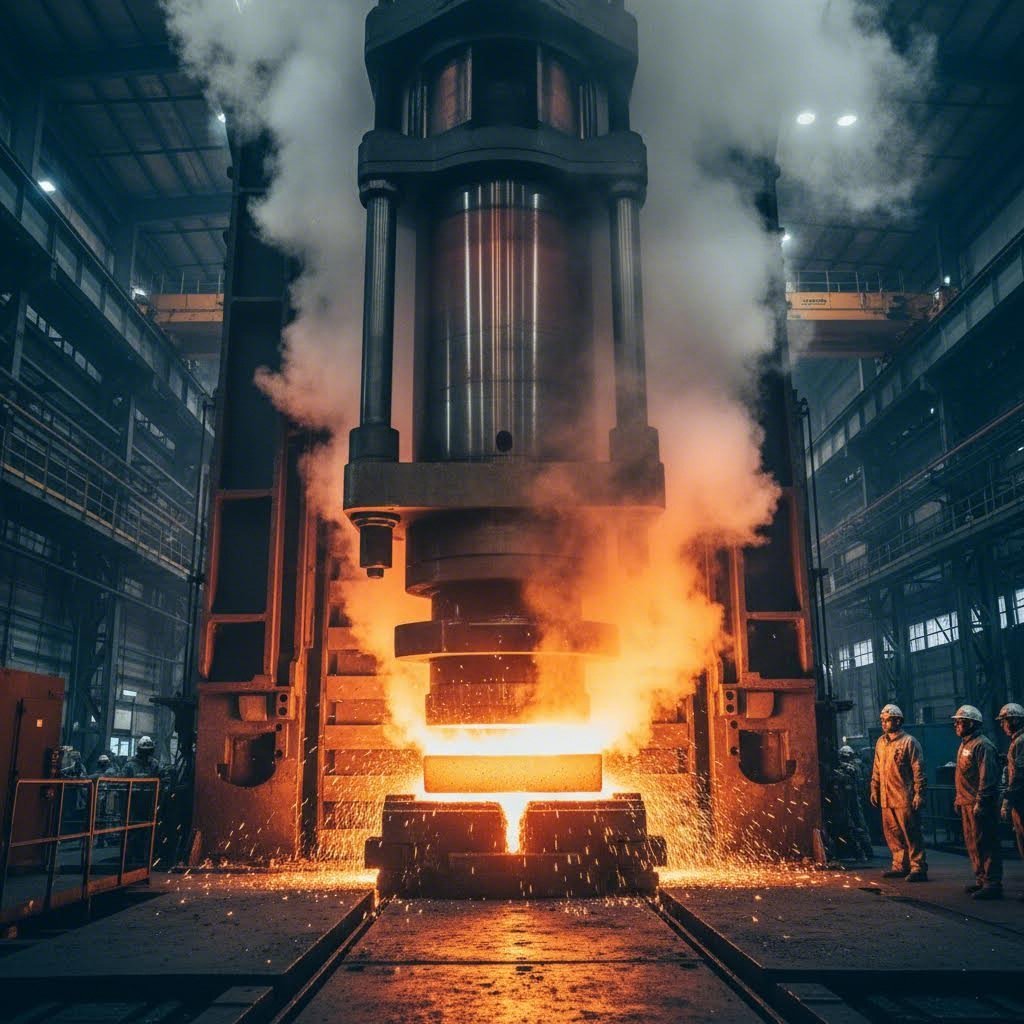 high pressure forging press shaping aluminum billet into premium wheel blank