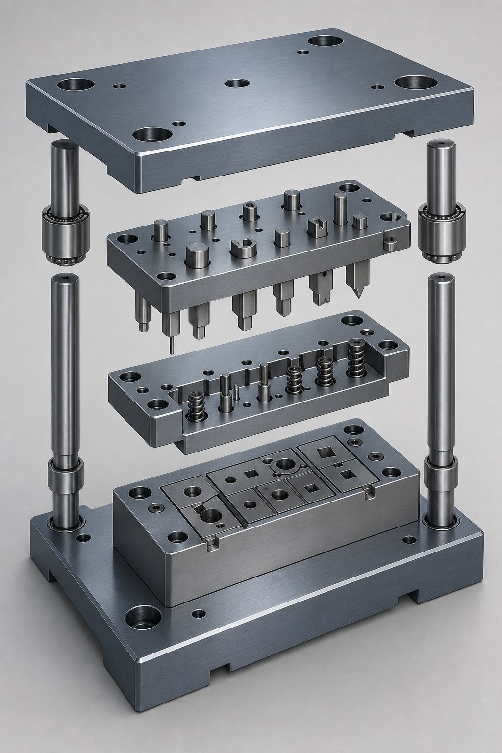 exploded view of stamping die components including punches stripper plate guide posts and die blocks