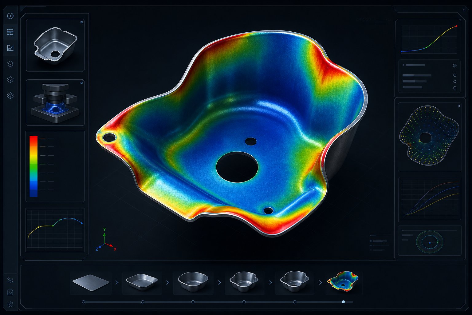 forming simulation heat map showing material thinning distribution used to validate die design before tool construction
