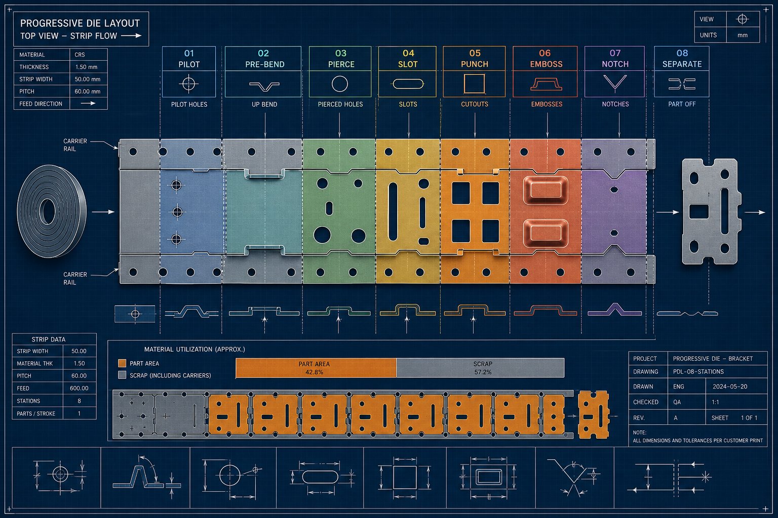 progressive die strip layout showing station sequencing from pilot holes through forming to final part separation