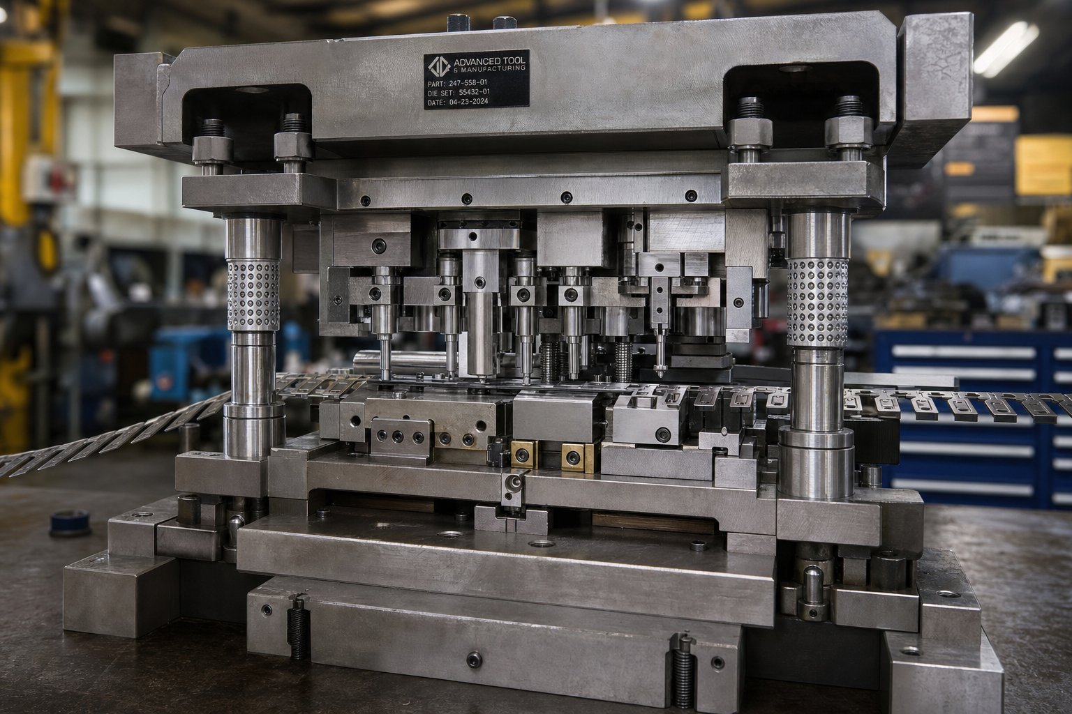 progressive stamping die assembly showing precision engineered punches guide posts and die blocks critical to quality part production