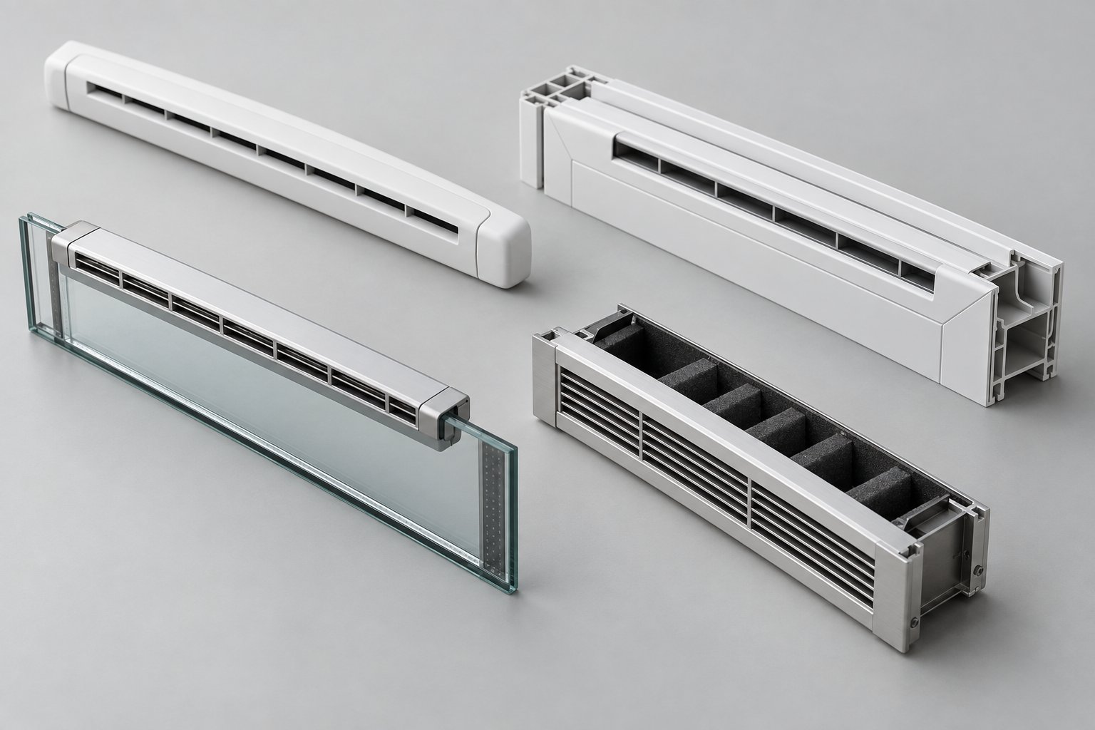 different trickle vent types including surface mounted through frame glazed in and acoustic designs for various window materials