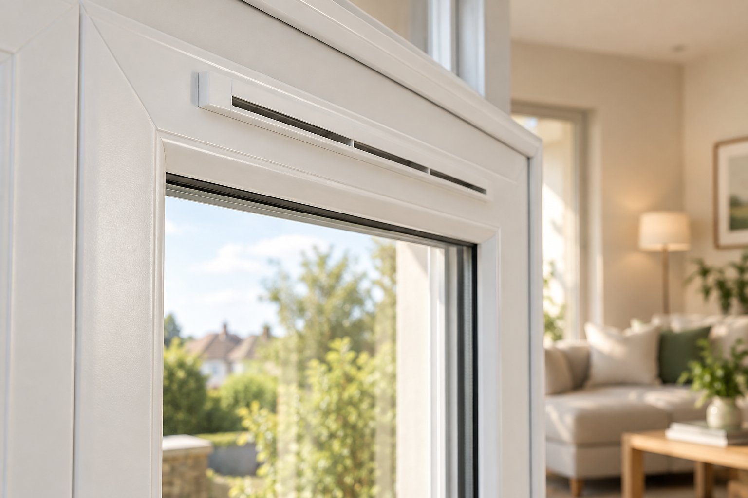 modern trickle vent fitted into a upvc window frame providing background ventilation required by building regulations