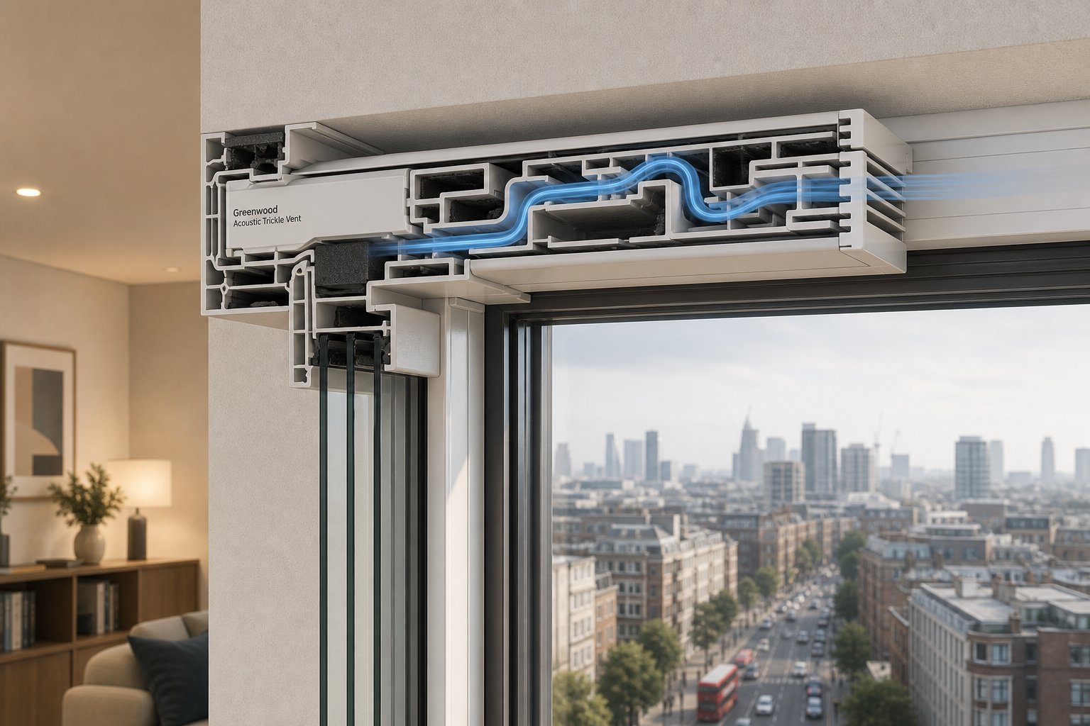 acoustic trickle vent cross section showing the labyrinth path that reduces noise while maintaining ventilation airflow