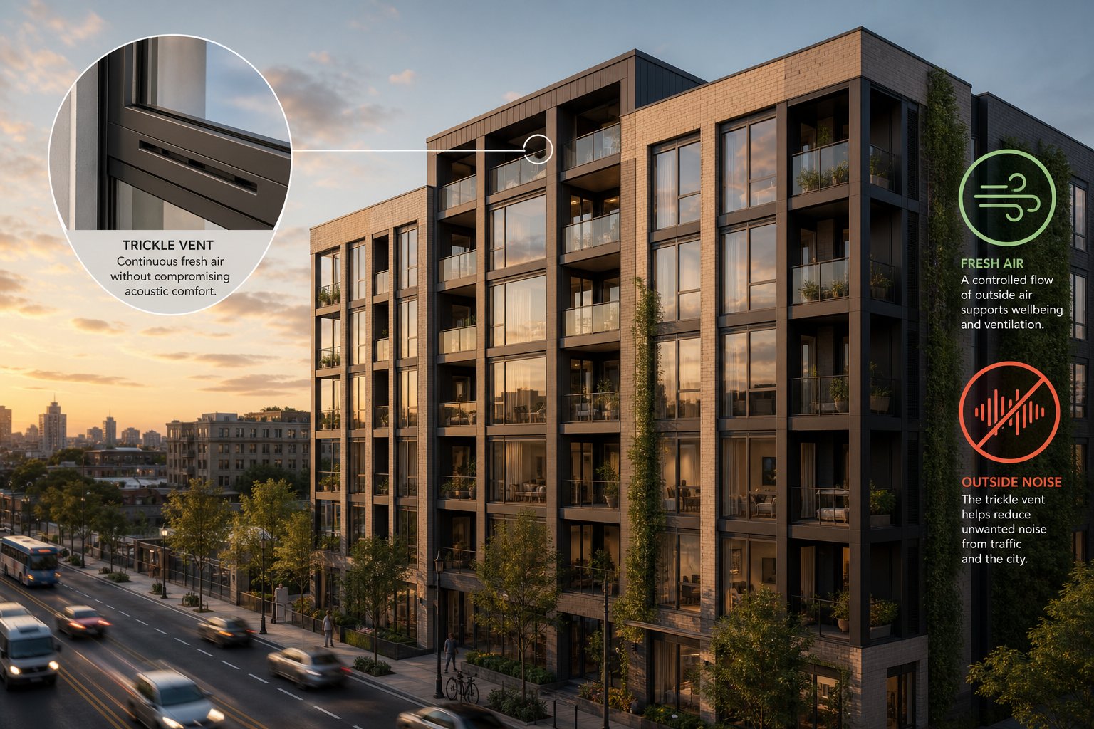 building regulations require both adequate ventilation and quiet interiors creating the need for acoustic trickle vents