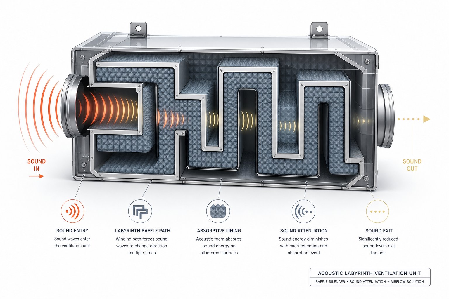 sound waves lose energy through multiple reflections inside the labyrinth path of an acoustic trickle vent
