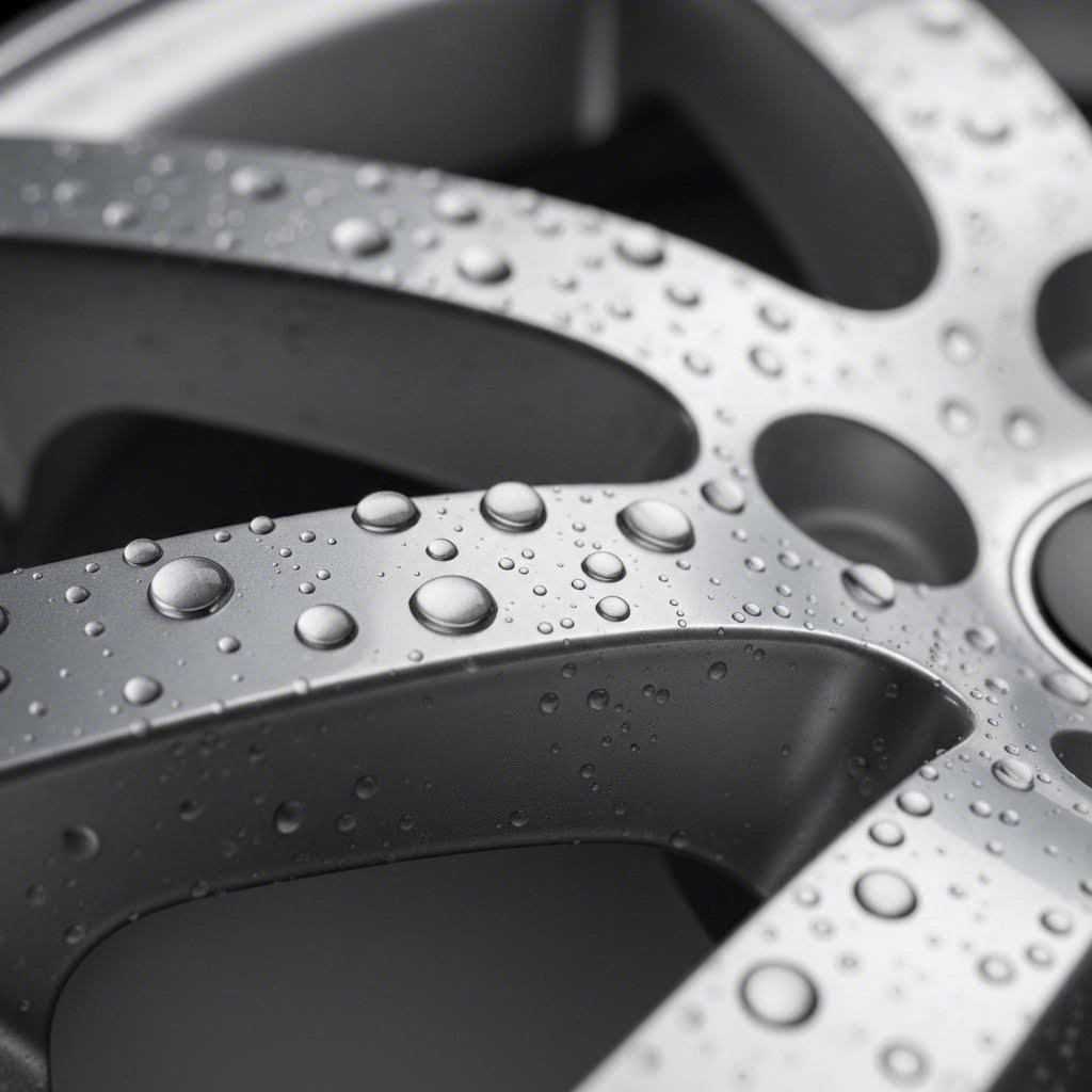 water beading on ceramic coated aluminum surface demonstrates hydrophobic protection