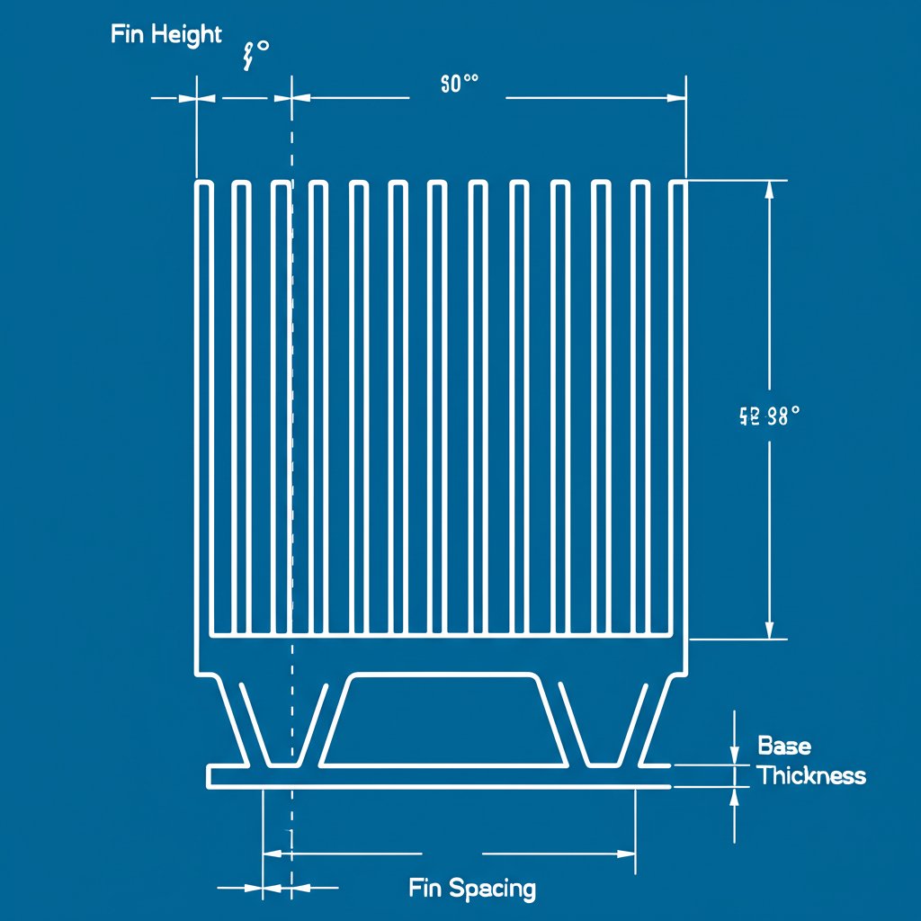 blueprint schematic showing critical design parameters for a custom machined heat sink