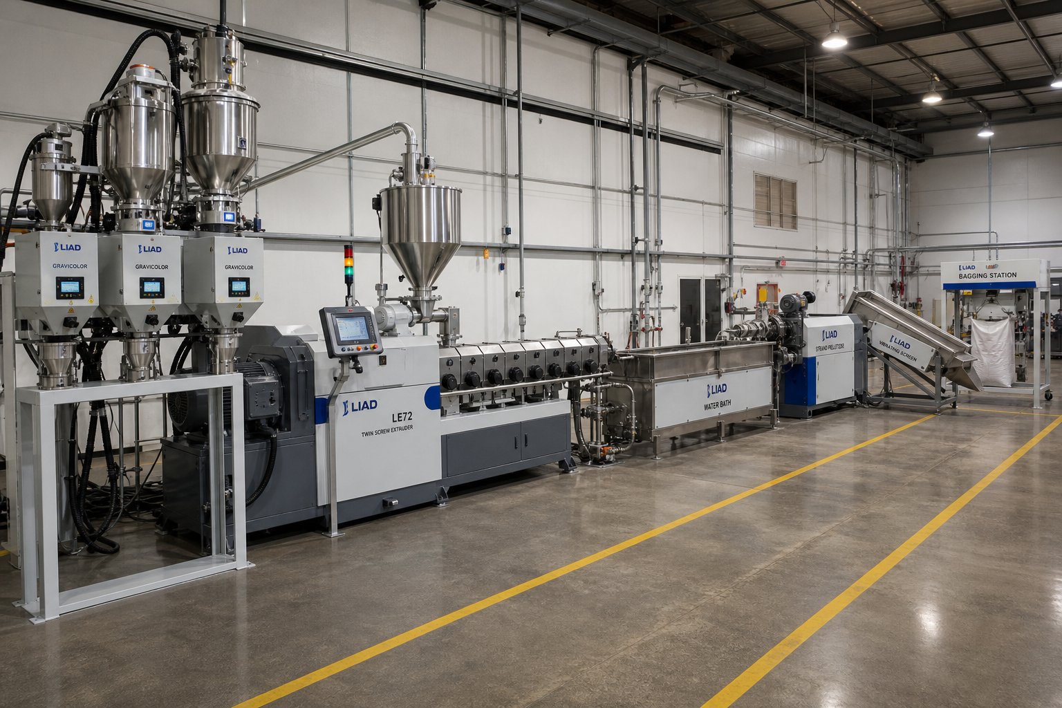 complete twin screw extrusion line showing upstream feeders extruder and downstream pelletizing and packaging equipment