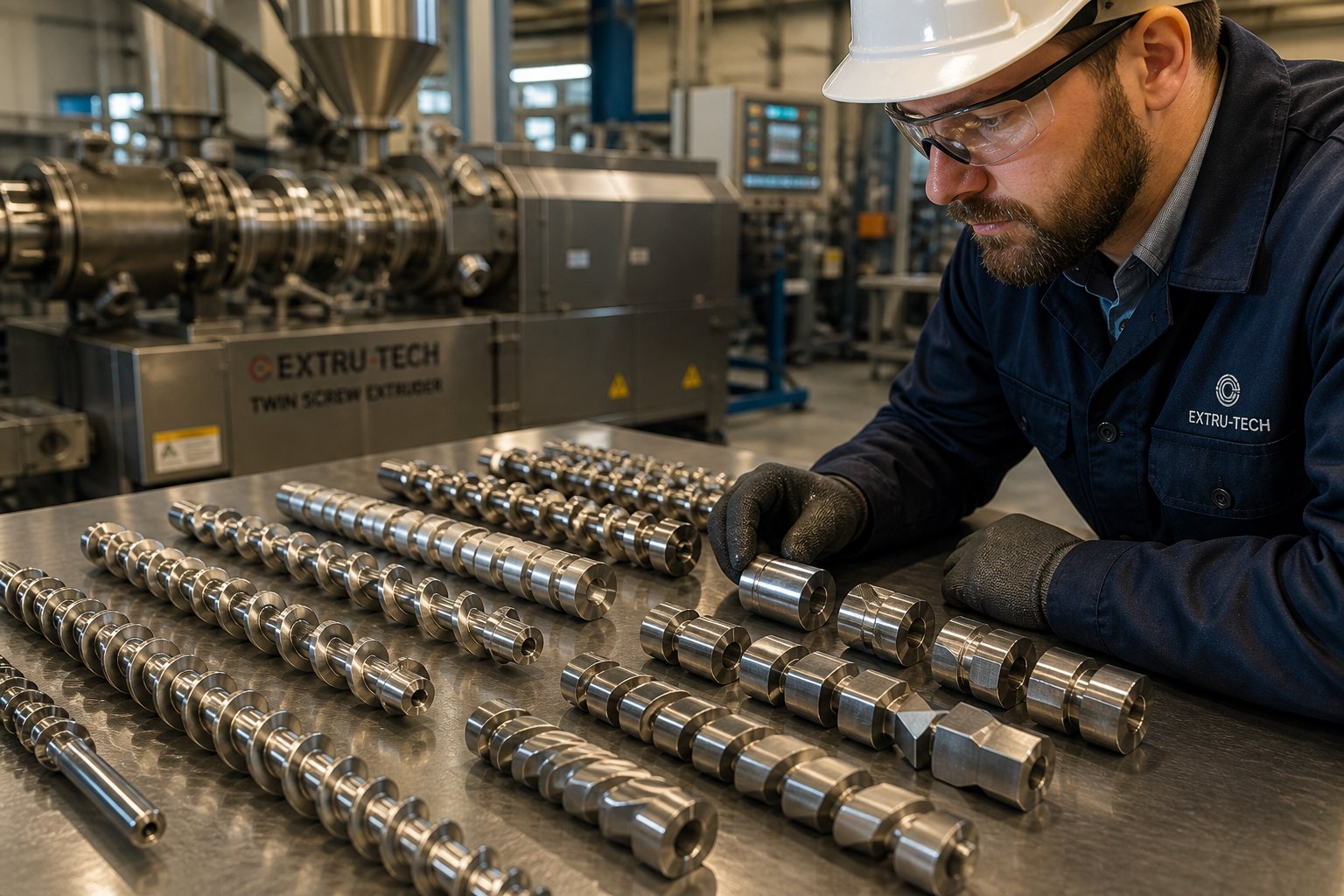 engineer evaluating modular twin screw elements during extruder configuration and maintenance planning